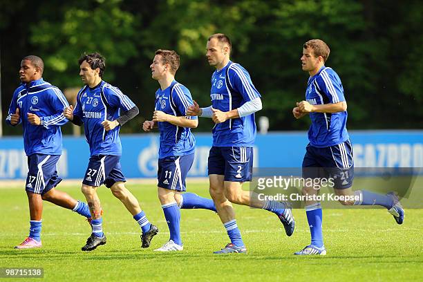 Jefferson Farfan, Vicente Sanchez, Alexander Baumjohann, Heiko Westermann and Lukas Schmitz of Schalke attend the training session of FC Schalke at...