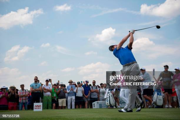 Golfer Justin Thomas competes in the second round of the HNA Open de France, as part of the European Tour 2018, at the Saint-Quentin-en-Yvelines...