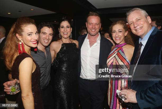 Teal Wicks, Jarrod Spector, Stephanie J. Block, Director Jason Moore, Micaela Diamond and Book Writer Rick Elice pose at the Opening Night Paty for...