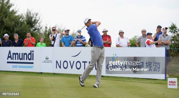 Justin Thomas of the United States plays his first shot on the 8th tee during Day Two of the HNA Open de France at Le Golf National on June 29, 2018...