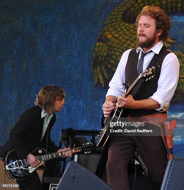 Carl Broemel and Jim James of My Morning Jacket performs on stage on day two of New Orleans Jazz & Heritage Festival on April 24, 2010 in New...