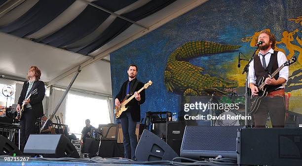 Carl Broemel, Tom Blankenship and Jim James of My Morning Jacket performs on stage on day two of New Orleans Jazz & Heritage Festival on April 24,...