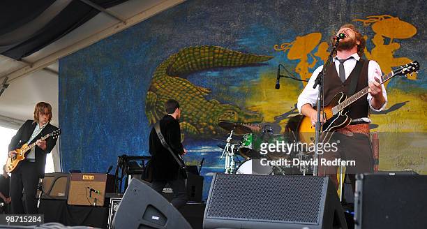 Carl Broemel, Tom Blankenship and Jim James of My Morning Jacket performs on stage on day two of New Orleans Jazz & Heritage Festival on April 24,...