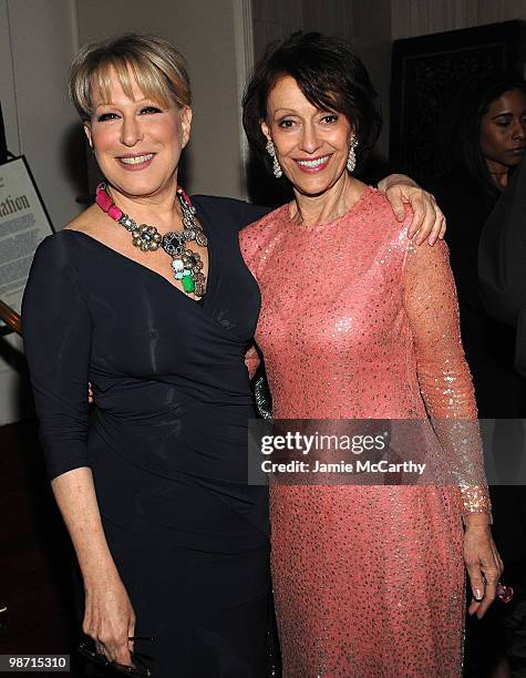 Bette Midler and Evelyn Lauder pose at the 2010 Breast Cancer Research Foundation's Hot Pink Party at The Waldorf=Astoria on April 27, 2010 in New...