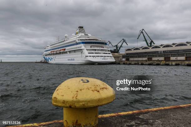 AIDAcara cruise ship is seen in Gdynia, Poland on 29 June 2018 AIDAcara is the first cruise ship in the fleet of German cruise company, AIDA Cruises....