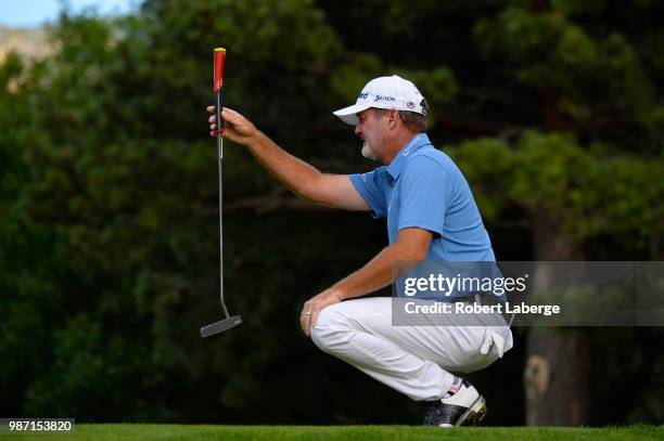 Jerry Kelly aims for a putt on the 10th hole during round two of the U.S. Senior Open Championship at The Broadmoor Golf Club on June 29, 2018 in...