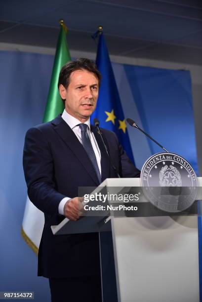 Italian Prime Minister Giuseppe Conte holds a press conference at The European Council summit in Brussels on June 29, 2018. European Union leaders...