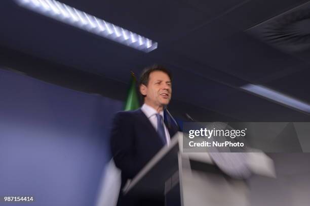 Italian Prime Minister Giuseppe Conte holds a press conference at The European Council summit in Brussels on June 29, 2018. European Union leaders...