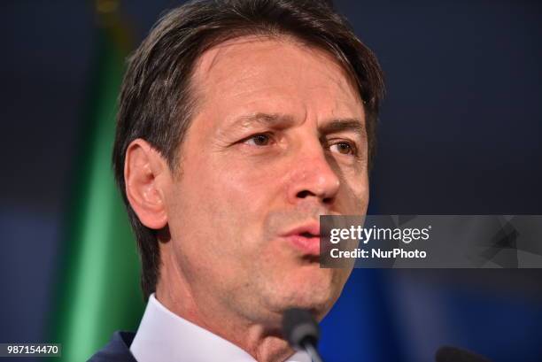 Italian Prime Minister Giuseppe Conte holds a press conference at The European Council summit in Brussels on June 29, 2018. European Union leaders...