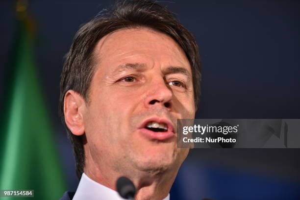 Italian Prime Minister Giuseppe Conte holds a press conference at The European Council summit in Brussels on June 29, 2018. European Union leaders...