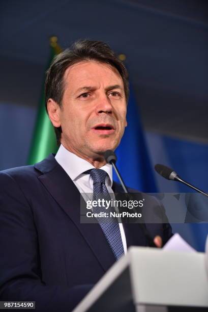 Italian Prime Minister Giuseppe Conte holds a press conference at The European Council summit in Brussels on June 29, 2018. European Union leaders...