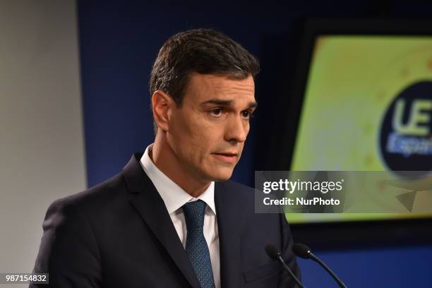 Spanish Prime Minister Pedro Sanchez holds a press conference at The European Council summit in Brussels on June 29, 2018. European Union leaders...