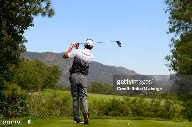 Stephen Ames of Canada makes a tee shot on the ninth hole during round two of the U.S. Senior Open Championship at The Broadmoor Golf Club on June...
