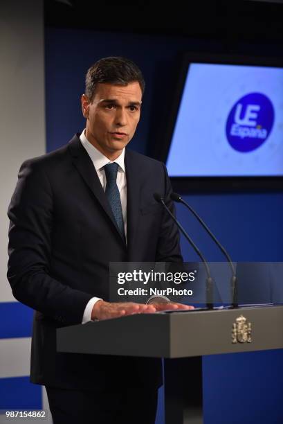 Spanish Prime Minister Pedro Sanchez holds a press conference at The European Council summit in Brussels on June 29, 2018. European Union leaders...