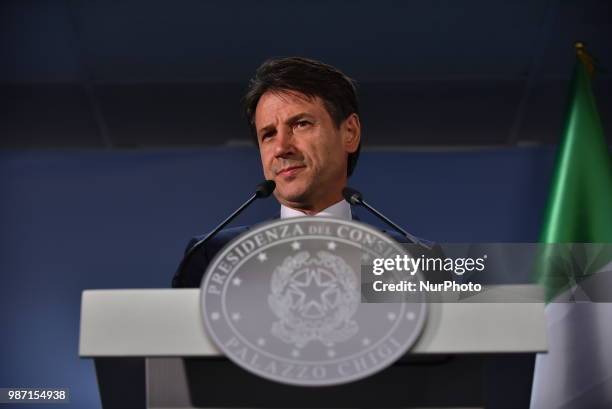 Italian Prime Minister Giuseppe Conte holds a press conference at The European Council summit in Brussels on June 29, 2018. European Union leaders...