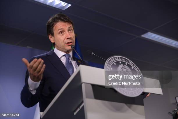 Italian Prime Minister Giuseppe Conte holds a press conference at The European Council summit in Brussels on June 29, 2018. European Union leaders...