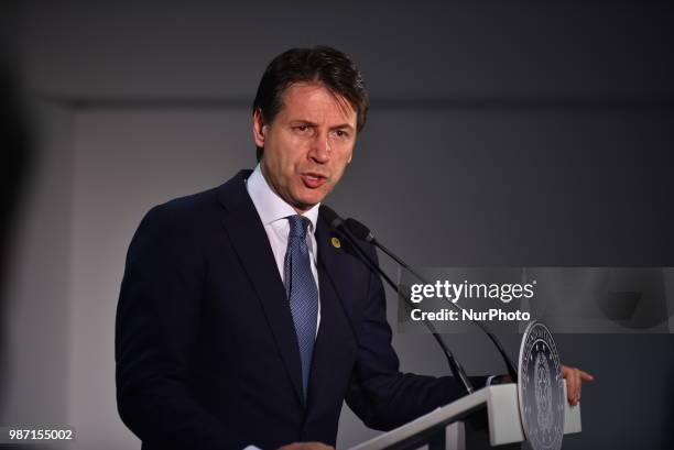 Italian Prime Minister Giuseppe Conte holds a press conference at The European Council summit in Brussels on June 29, 2018. European Union leaders...