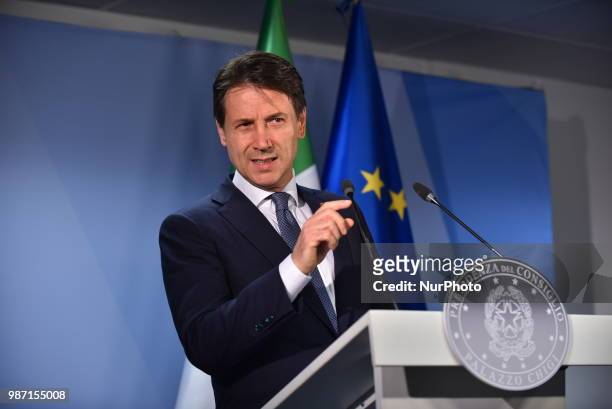 Italian Prime Minister Giuseppe Conte holds a press conference at The European Council summit in Brussels on June 29, 2018. European Union leaders...