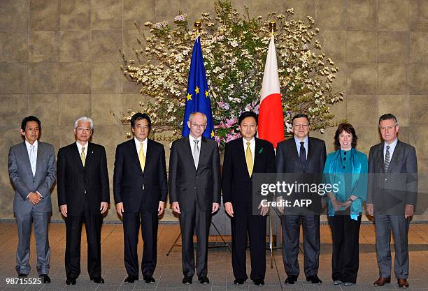 Japanese Prime Minister Yukio Hatoyama poses during a photo session with Herman Van Rompuy , president of the European Council, José Manuel Barroso ,...