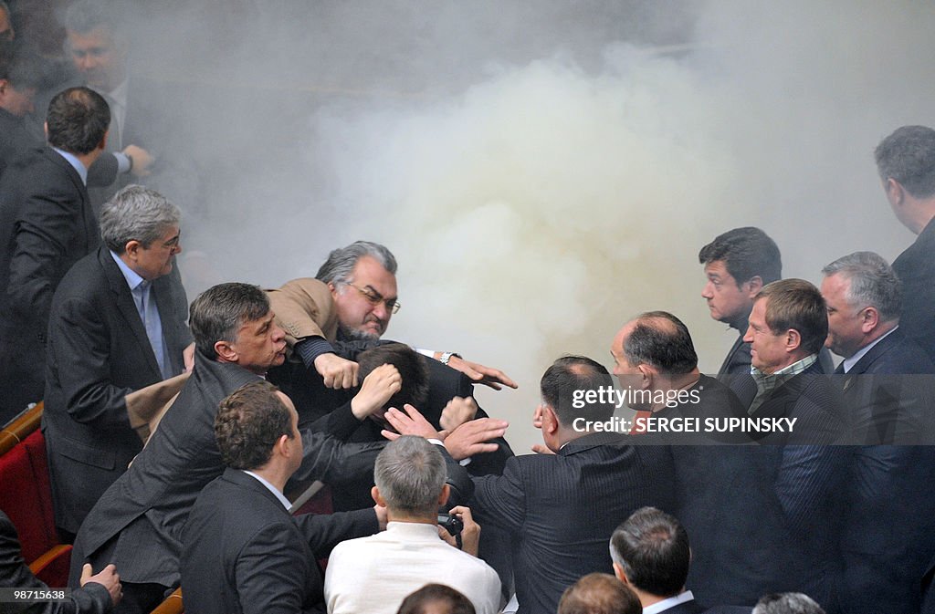 Deputies of Ukraine's parliament fight i