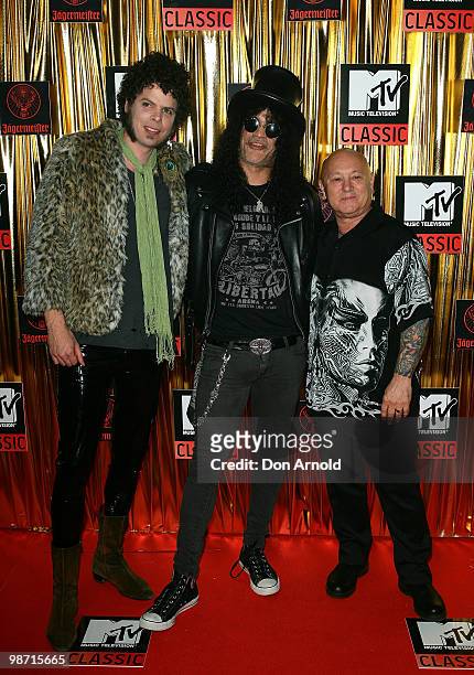 Andrew Stockdale, Slash and Angry Anderson arrives at the "MTV Classic: The Launch" music event at the Palace Theatre on April 28, 2010 in Melbourne,...