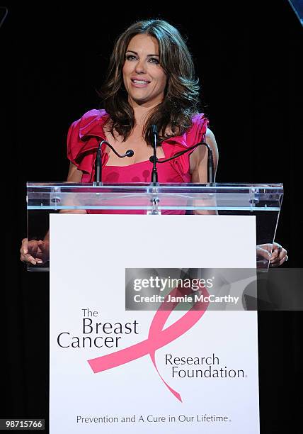 Actress Elizabeth Hurley speaks at the 2010 Breast Cancer Research Foundation's Hot Pink Party at The Waldorf=Astoria on April 27, 2010 in New York...