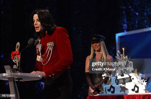 Michael Jackson speaks after Britney Spears presented Michael with a birthday cake at the 2002 MTV Video Music Awards