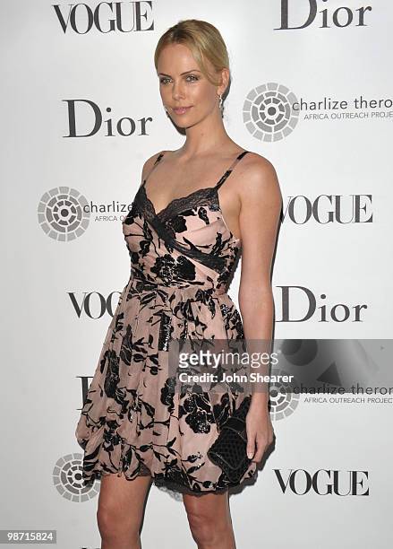Actress Charlize Theron arrives to the Charlize Theron Africa Outreach Project Dinner hosted by Dior and Vogue at Soho House on April 27, 2010 in...