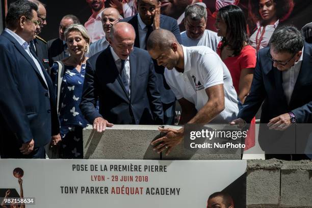 Laying the foundation stone of the future Tony Parker Adequat Academy in Lyon, France, on June 29 with the presence of Interior Minister Gérard...