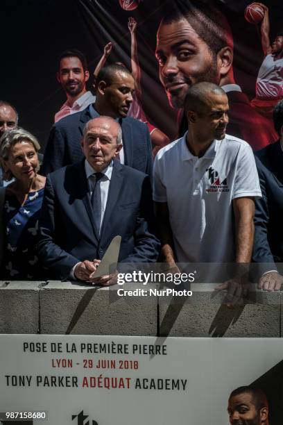 Laying the foundation stone of the future Tony Parker Adequat Academy in Lyon, France, on June 29 with the presence of Interior Minister Gérard...