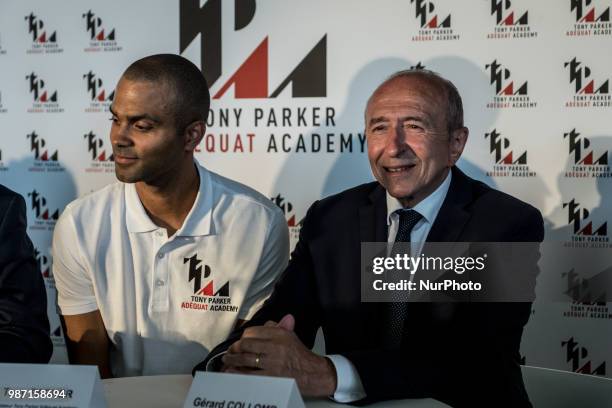 Laying the foundation stone of the future Tony Parker Adequat Academy in Lyon, France, on June 29 with the presence of Interior Minister Gérard...