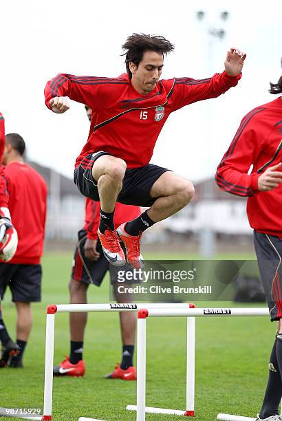 Yossi Benayoun of Liverpool in action during a training session prior to the UEFA Europa League semi final second leg match between Liverpool and...