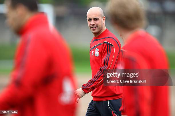 Goalkeeper Pepe Reina of Liverpool attends a training session prior to the UEFA Europa League semi final second leg match between Liverpool and...