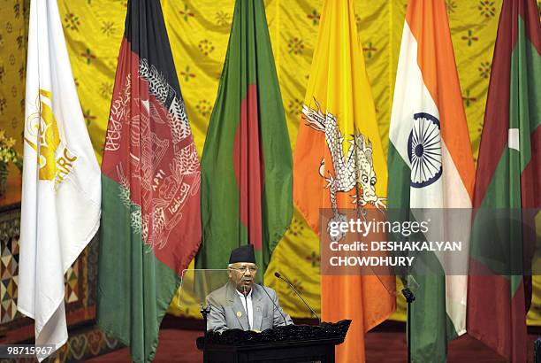 Nepalese Prime Minister Madhav Kumar Nepal addresses the inaugural session of the 16th South Asian Association for Regional Co-operation summit in...
