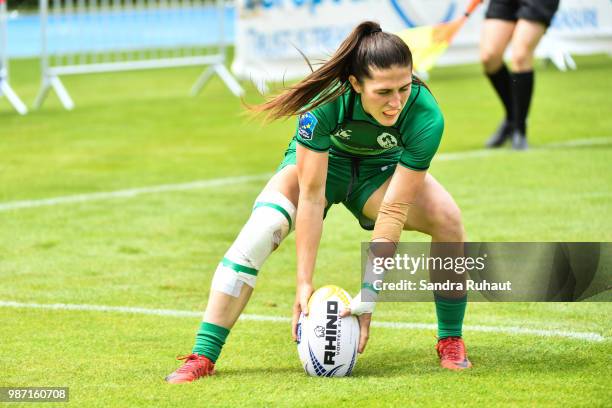 Amee Leigh Crowe of Ireland scores a try during the Grand Prix Series - Rugby Seven match between Ireland and Poland on June 29, 2018 in Marcoussis,...
