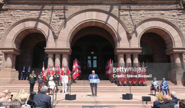 Doug Ford makes a speech as he performs a ceremonial swearing in outside. Doug Ford is sworn in as the 26th Premier of Ontario by The Honourable...