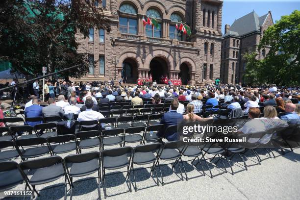 Doug Ford makes a speech as he performs a ceremonial swearing in outside. Doug Ford is sworn in as the 26th Premier of Ontario by The Honourable...