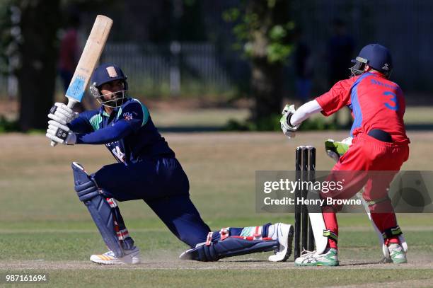 Ajmal Shahzad of PCA England Masters during the Leigh Academies Trust v PCA England Masters match at Bexley Cricket Club on June 29, 2018 in London,...