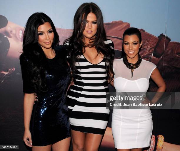 Kim Kardashian, Khloe Kardashian and Kourtney Kardashian attend the Beach Bunny Swimwear's grand opening party on April 27, 2010 in Los Angeles,...