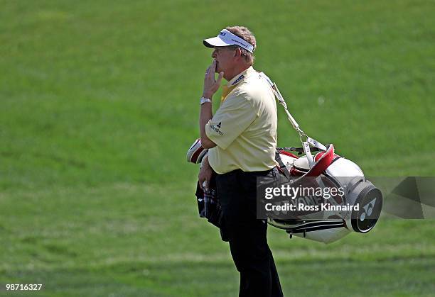 Colin Montgomerie of Scotland on the par five 9th hole during the pro-am event prior to the Open de Espana at the Real Club de Golf on April 28, 2010...