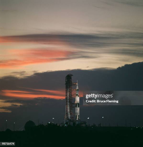 The Saturn V booster on the launch pad at the Kennedy Space Center in Florida, before the Apollo 17 space mission to the moon, 1972. The launch took...