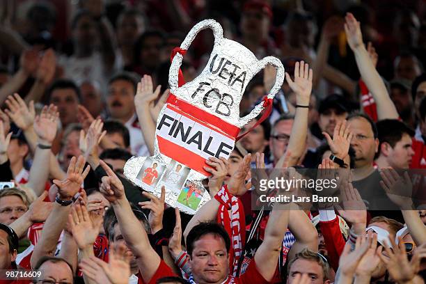 Bayern Muenchen fans cheer on their team during the UEFA Champions League semi final second leg match between Olympique Lyonnais and Bayern Muenchen...