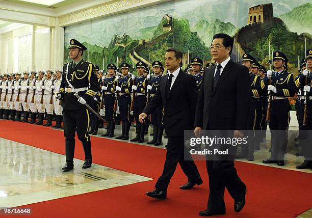 France's President Nicolas Sarkozy attends a welcome ceremony with China's President Hu Jintao at the Great Hall of the People on April 28, 2010 in...