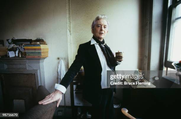 English writer Quentin Crisp at his home, 129 Beaufort Street, London, 1980. A year later, he emigrated to the United States.