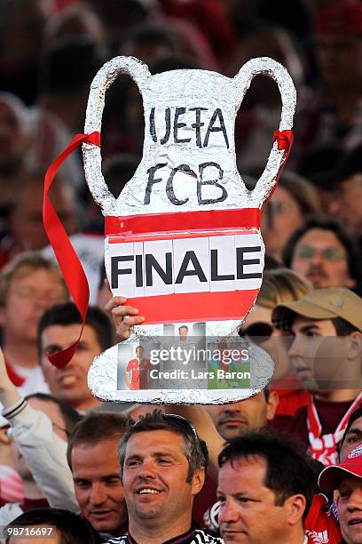 Bayern Muenchen fans cheer on their team during the UEFA Champions League semi final second leg match between Olympique Lyonnais and Bayern Muenchen...