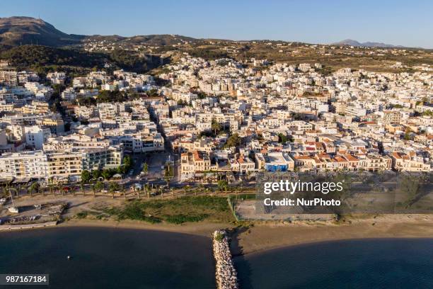 Aerial images of Rethymno beach town in Creta island in Greece. Rethymno is a little historic beach town in the northern coast in Crete, laying on...