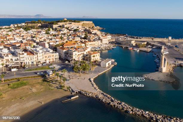 Aerial images of Rethymno beach town in Creta island in Greece. Rethymno is a little historic beach town in the northern coast in Crete, laying on...