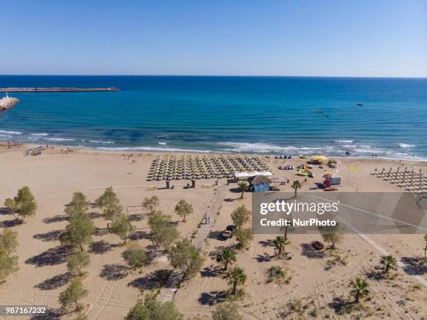 Aerial images of Rethymno beach town in Creta island in Greece. Rethymno is a little historic beach town in the northern coast in Crete, laying on...