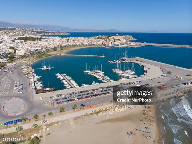 Aerial images of Rethymno beach town in Creta island in Greece. Rethymno is a little historic beach town in the northern coast in Crete, laying on...