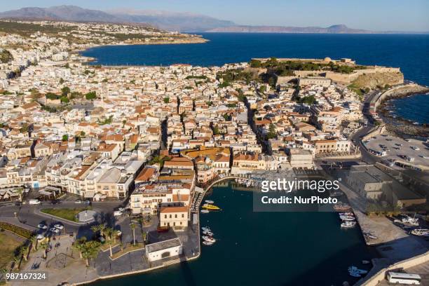 Aerial images of Rethymno beach town in Creta island in Greece. Rethymno is a little historic beach town in the northern coast in Crete, laying on...